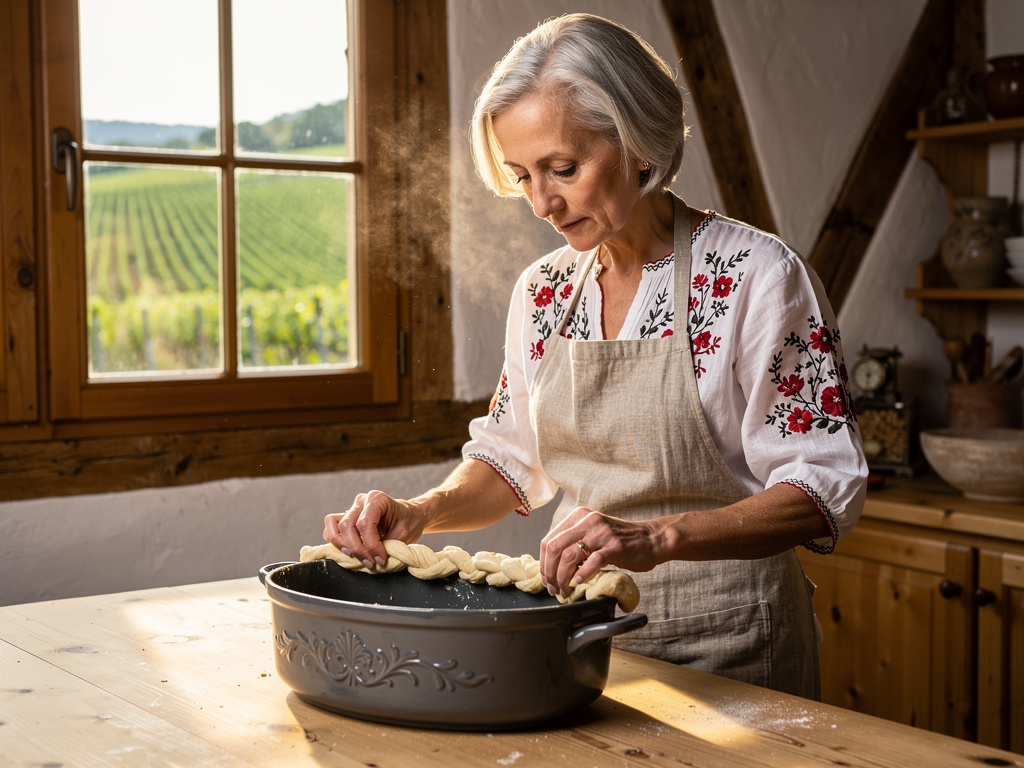 Vigneronne alsacienne préparant un baeckeoffe dans une terrine en grès traditionnel