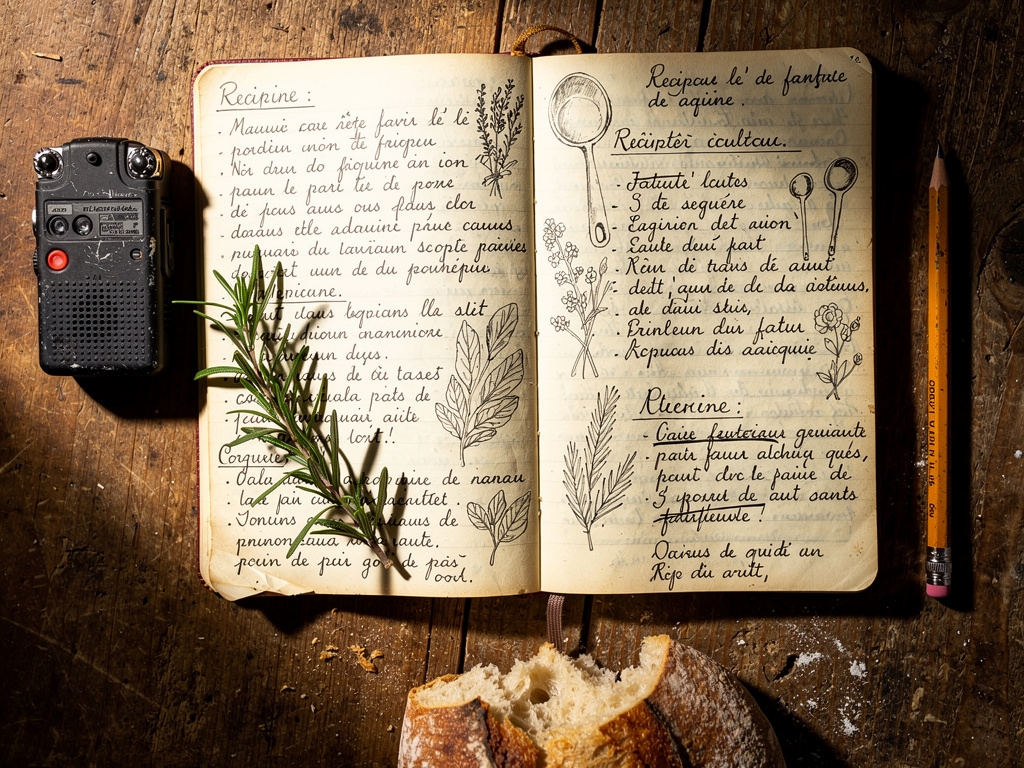 Carnet de notes manuscrit posé sur une table de ferme avec des ingrédients frais autour