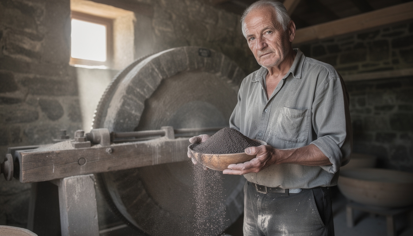 Meunier breton montrant son sarrasin fraîchement moulu dans son moulin traditionnel
