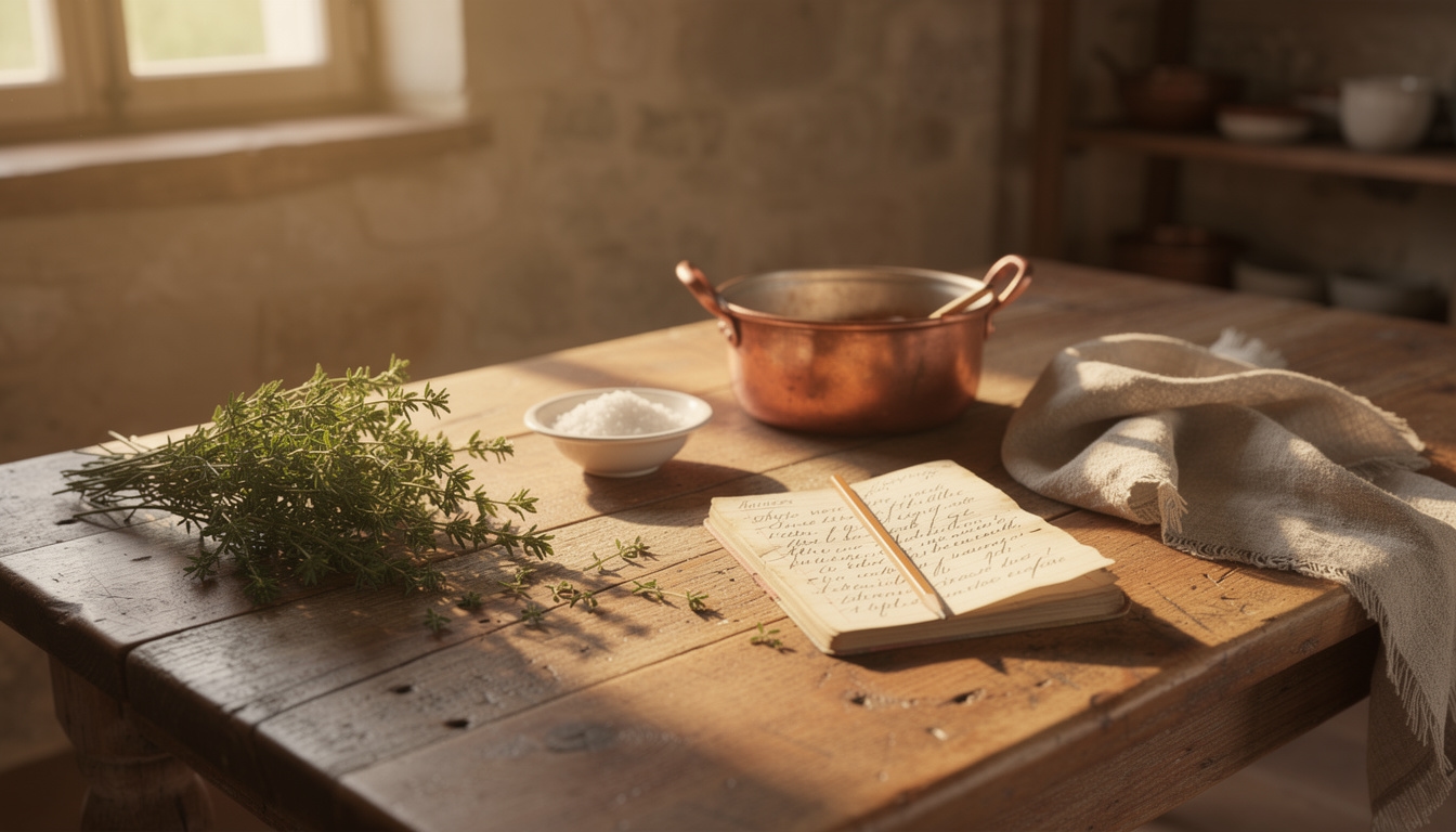 Table de cuisine traditionnelle française avec herbes fraîches et ustensiles anciens