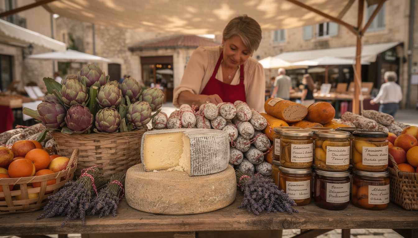 Étal de marché régional français avec fromages, légumes et spécialités locales colorées